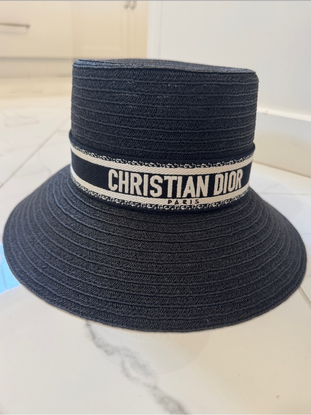 Dior Black Straw-Textured Sun Hat with White Christian Dior Band